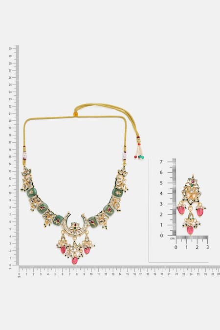Shop Ruby Raang Green Stones, Pearls, Beads Kundan Crescent Motif Necklace And Earring Set Online at Aza Fashions Shop_Ruby Raang_Green Stones, Pearls, Beads Kundan Crescent Motif Necklace And Earring Set _Online_at_Aza_Fashions