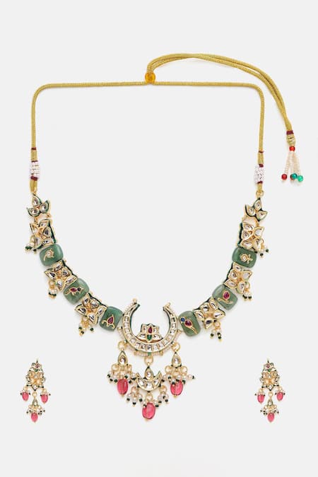 Ruby Raang Green Stones, Pearls, Beads Kundan Crescent Motif Necklace And Earring Set at Aza Fashions Ruby Raang_Green Stones, Pearls, Beads Kundan Crescent Motif Necklace And Earring Set _at_Aza_Fashions