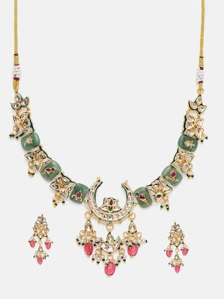 Buy Ruby Raang Green Stones, Pearls, Beads Kundan Crescent Motif Necklace And Earring Set Buy_Ruby Raang_Green Stones, Pearls, Beads Kundan Crescent Motif Necklace And Earring Set