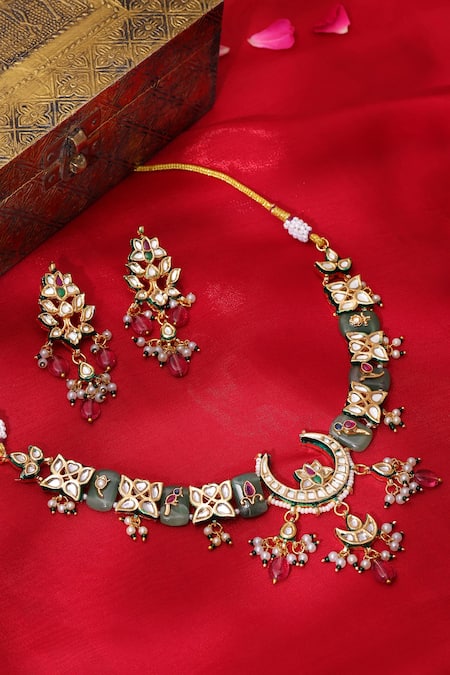 Ruby Raang Kundan Crescent Motif Necklace & Earring Set 