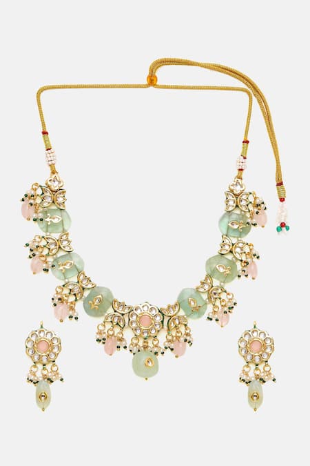 Ruby Raang Green Stones, Pearls, Beads Kundan And Embellished Necklace & Earrings Set at Aza Fashions Ruby Raang_Green Stones, Pearls, Beads Kundan And Embellished Necklace & Earrings Set _at_Aza_Fashions