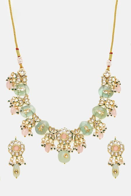 Buy Ruby Raang Green Stones, Pearls, Beads Kundan And Embellished Necklace & Earrings Set Buy_Ruby Raang_Green Stones, Pearls, Beads Kundan And Embellished Necklace & Earrings Set