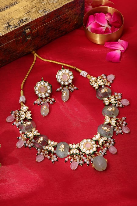 Ruby Raang Kundan & Stone Embellished Necklace & Earrings Set 