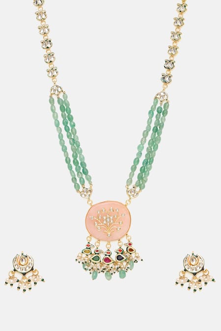 Shop Ruby Raang Green Stones, Pearls, Beads Kundan And Multistone Necklace Set Online at Aza Fashions Shop_Ruby Raang_Green Stones, Pearls, Beads Kundan And Multistone Necklace Set _Online_at_Aza_Fashions