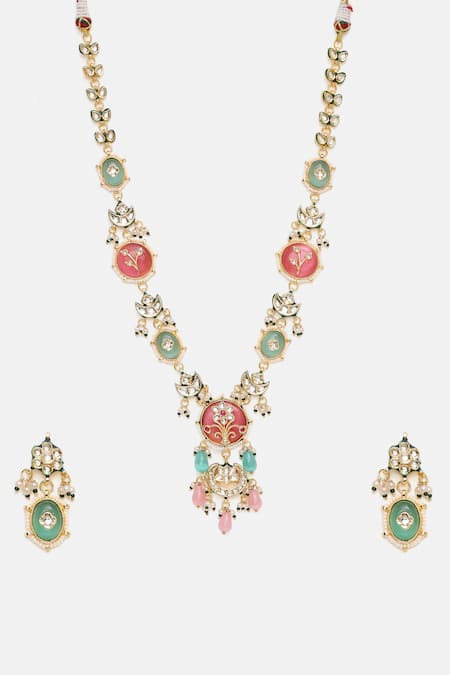 Ruby Raang Multi Color Stones, Pearls, Beads Kundan Embellished Necklace And Earring Set Online at Aza Fashions Ruby Raang_Multi Color Stones, Pearls, Beads Kundan Embellished Necklace And Earring Set _Online_at_Aza_Fashions