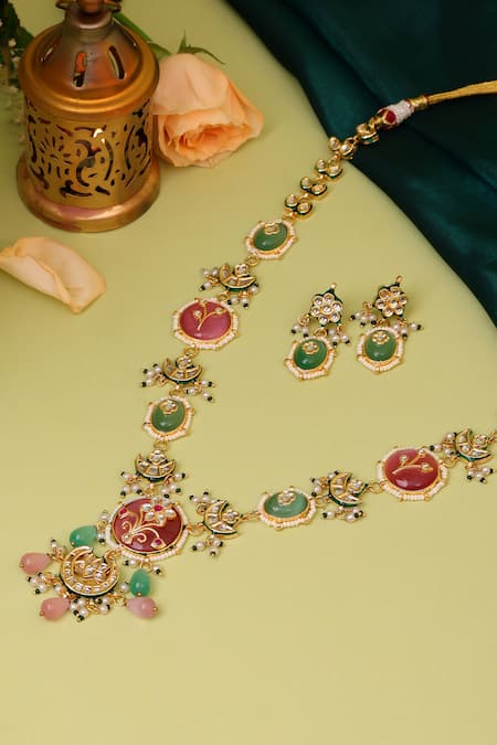 Buy_Ruby Raang_Multi Color Stones, Pearls, Beads Kundan Embellished Necklace And Earring Set 