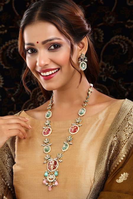 Ruby Raang Kundan Stone Embellished Necklace & Earring Set 