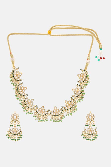 Ruby Raang Kundan & Pearl Crescent Necklace & Earring Set 