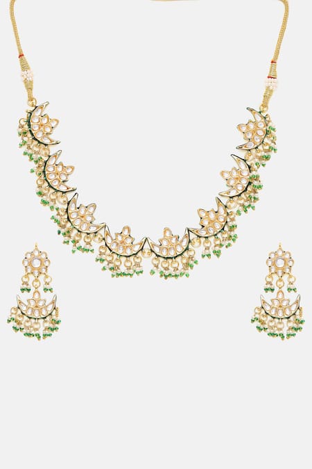 Buy_Ruby Raang_Gold Plated Stones, Pearls, Beads Kundan And Crescent Necklace & Earring Set _Online_at_Aza_Fashions