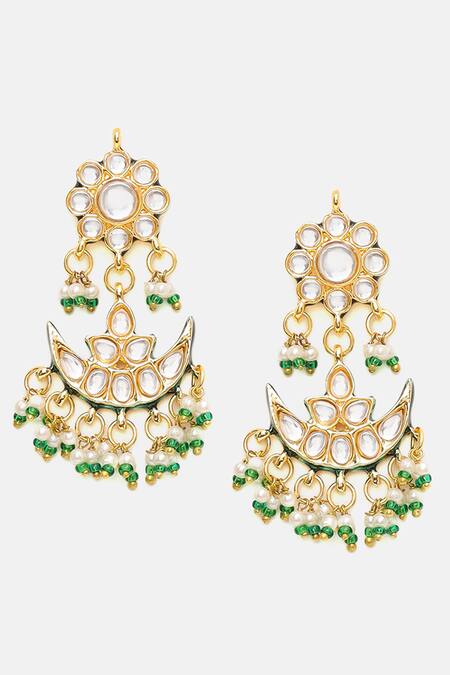 Ruby Raang_Gold Plated Stones, Pearls, Beads Kundan And Crescent Necklace & Earring Set _at_Aza_Fashions