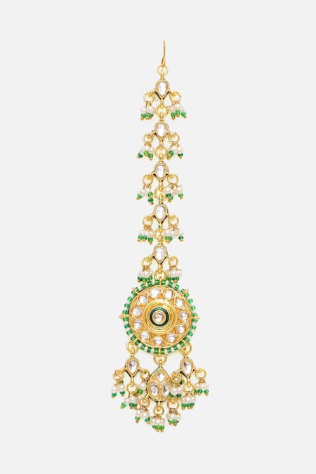 Ruby Raang_Gold Plated Stones, Pearls, Beads Kundan Embellished Necklace Set With Tikka _Online_at_Aza_Fashions