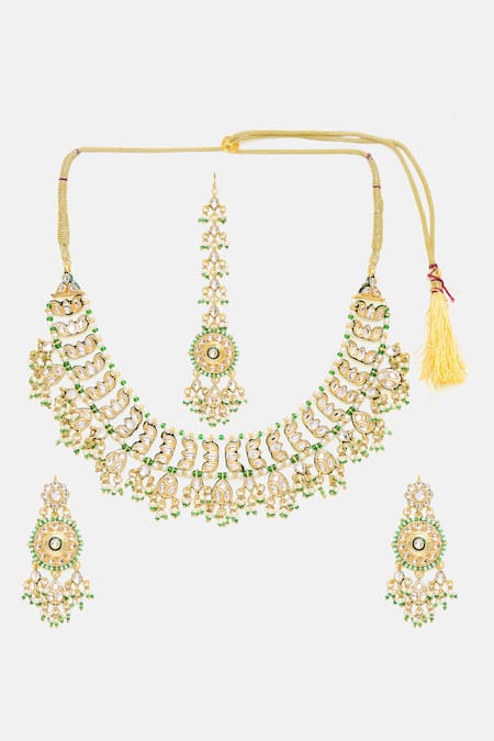 Shop_Ruby Raang_Gold Plated Stones, Pearls, Beads Kundan Embellished Necklace Set With Tikka 