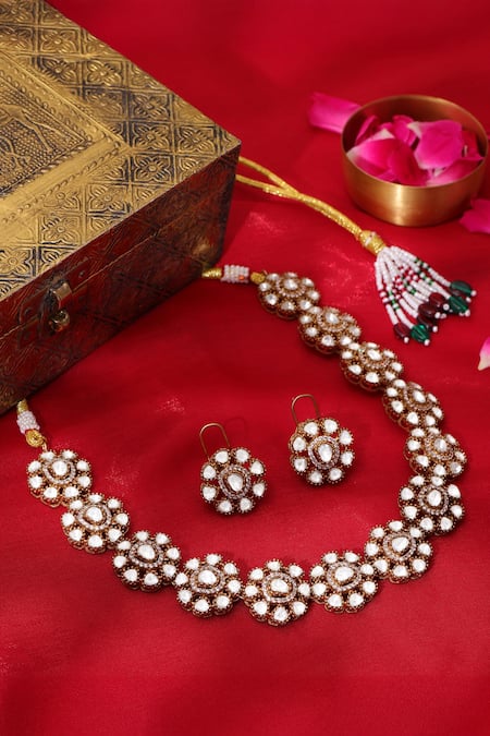 Ruby Raang Kundan Stone Floral Necklace & Earring Set 