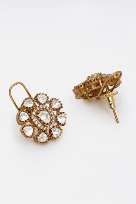 Shop Ruby Raang Gold Plated Stones Kundan Floral Necklace And Earring Set Shop_Ruby Raang_Gold Plated Stones Kundan Floral Necklace And Earring Set