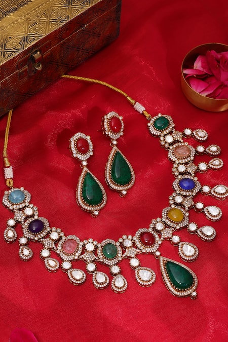 Ruby Raang Kundan & Stone Embellished Necklace Set 