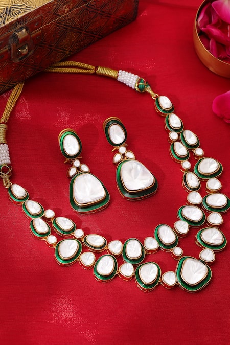 Ruby Raang Kundan Stone Necklace & Drop Earrings Set 