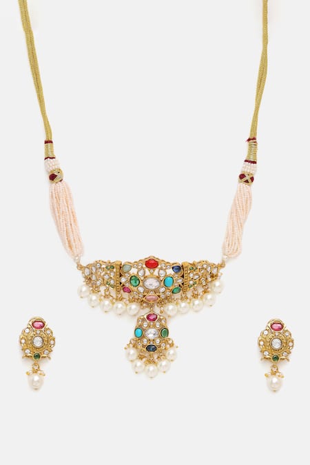Ruby Raang Multi Color Stones, Pearls Kundan And Embellished Choker Set Online at Aza Fashions Ruby Raang_Multi Color Stones, Pearls Kundan And Embellished Choker Set _Online_at_Aza_Fashions