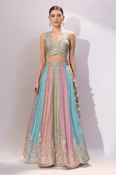 Samyukta Singhania_Multi Color Georgette Embroidery, Sequins, Stones, Zari Multicolor Lehenga Set _Online_at_Aza_Fashions