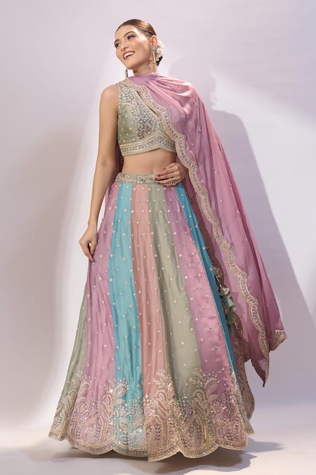Shop_Samyukta Singhania_Multi Color Georgette Embroidery, Sequins, Stones, Zari Multicolor Lehenga Set _Online_at_Aza_Fashions