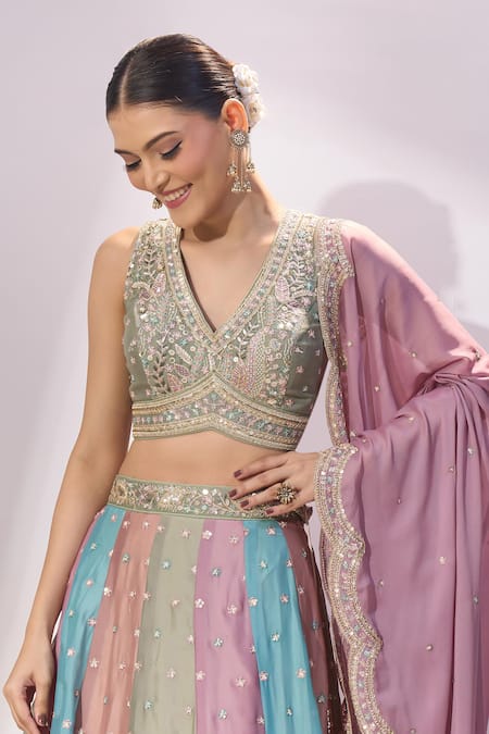 Buy_Samyukta Singhania_Multi Color Georgette Embroidery, Sequins, Stones, Zari Multicolor Lehenga Set 