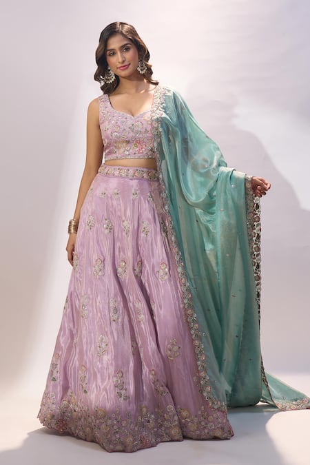 Shop Samyukta Singhania Lavender Satin, Silk Embroidery, Sequins, Stones Sweetheart Lehenga Blouse Set Online at Aza Fashions Shop_Samyukta Singhania_Lavender Satin, Silk Embroidery, Sequins, Stones Sweetheart Lehenga Blouse Set _Online_at_Aza_Fashions