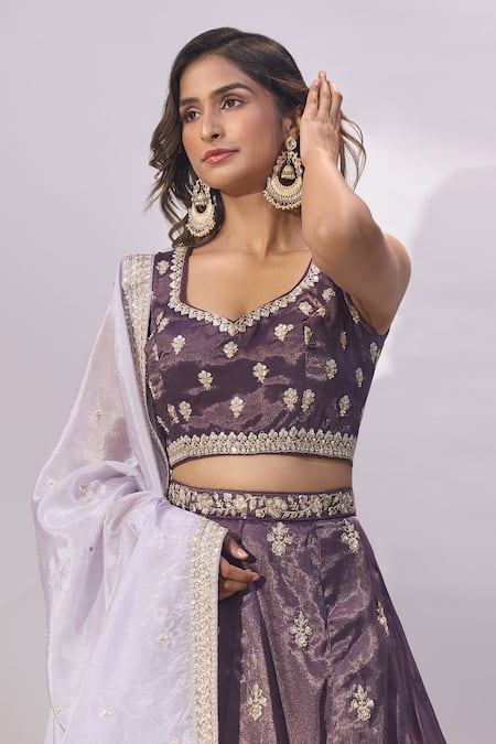 Shop Samyukta Singhania Purple Tissue Embroidery, Zari, Sequins Sweetheart Neck Lehenga Blouse Set Shop_Samyukta Singhania_Purple Tissue Embroidery, Zari, Sequins Sweetheart Neck Lehenga Blouse Set