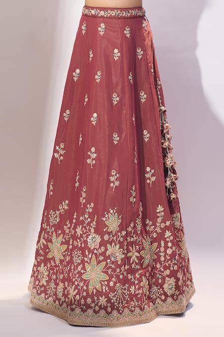 Shop_Samyukta Singhania_Rose Gold Georgette Embroidery, Sequins, Stones Floral Lehenga Blouse Set _Online_at_Aza_Fashions