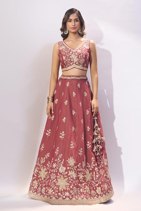 Buy_Samyukta Singhania_Rose Gold Georgette Embroidery, Sequins, Stones Floral Lehenga Blouse Set 
