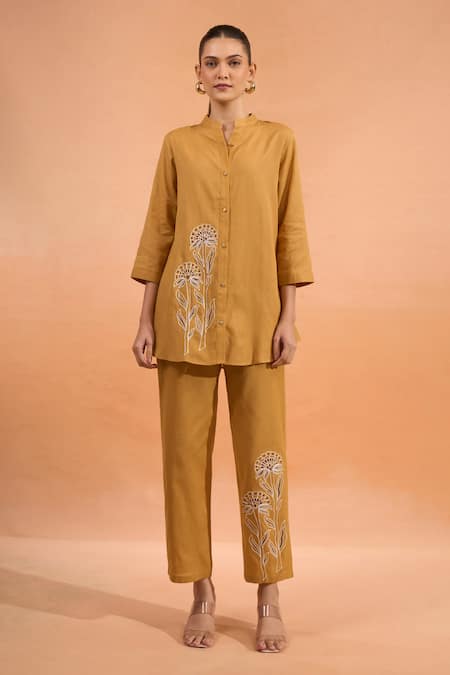 Naintara Bajaj Mustard Cotton, Linen Embroidery Mandarin Collar Kurta And Pant Set Online at Aza Fashions Naintara Bajaj_Mustard Cotton, Linen Embroidery Mandarin Collar Kurta And Pant Set _Online_at_Aza_Fashions