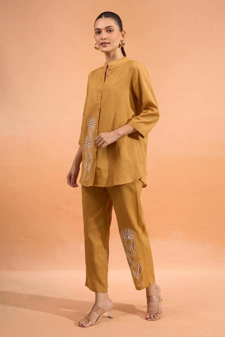 Buy Naintara Bajaj Mustard Cotton, Linen Embroidery Mandarin Collar Kurta And Pant Set Online at Aza Fashions Buy_Naintara Bajaj_Mustard Cotton, Linen Embroidery Mandarin Collar Kurta And Pant Set _Online_at_Aza_Fashions