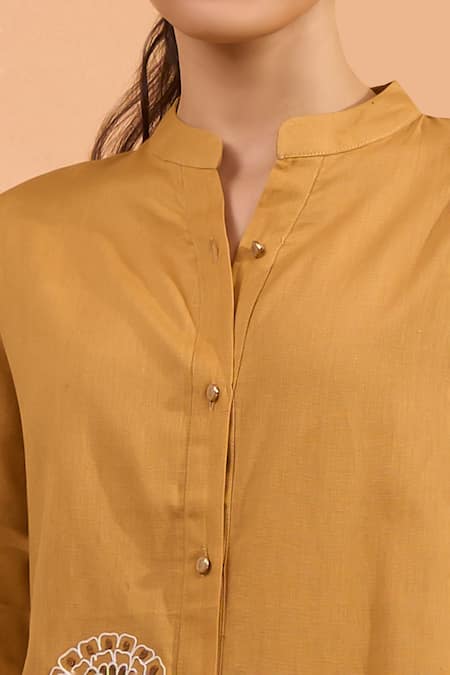Shop Naintara Bajaj Mustard Cotton, Linen Embroidery Mandarin Collar Kurta And Pant Set Online at Aza Fashions Shop_Naintara Bajaj_Mustard Cotton, Linen Embroidery Mandarin Collar Kurta And Pant Set _Online_at_Aza_Fashions