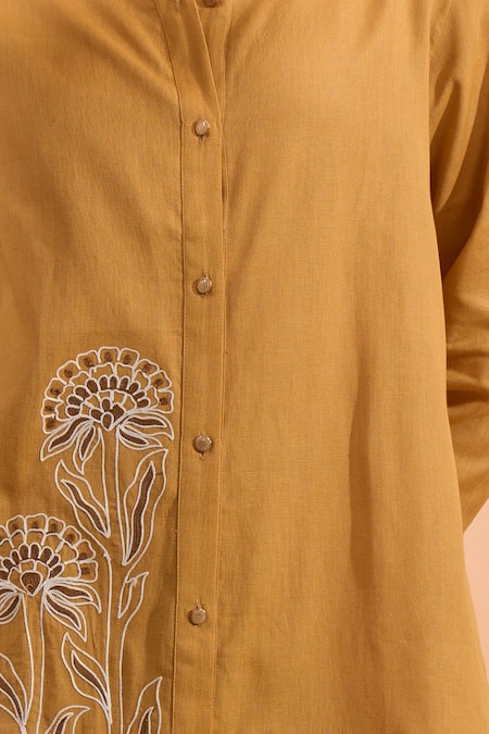 Naintara Bajaj Mustard Cotton, Linen Embroidery Mandarin Collar Kurta And Pant Set at Aza Fashions Naintara Bajaj_Mustard Cotton, Linen Embroidery Mandarin Collar Kurta And Pant Set _at_Aza_Fashions
