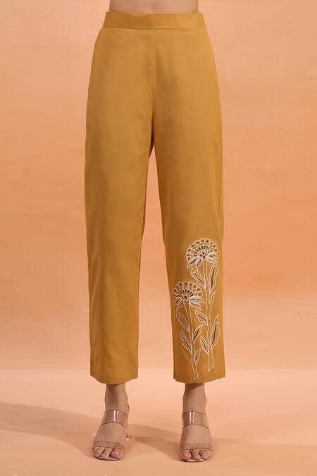 Buy Naintara Bajaj Mustard Cotton, Linen Embroidery Mandarin Collar Kurta And Pant Set Buy_Naintara Bajaj_Mustard Cotton, Linen Embroidery Mandarin Collar Kurta And Pant Set