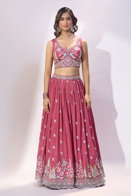 Samyukta Singhania_Rose Gold Silk Embroidery, Sequins, Beads, Tassels V-neck Lehenga Set _Online_at_Aza_Fashions