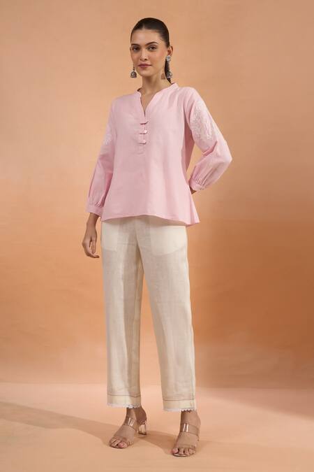 Buy_Naintara Bajaj_Pink Embroidery Split V-neck Kurta With Puff Sleeves _Online_at_Aza_Fashions