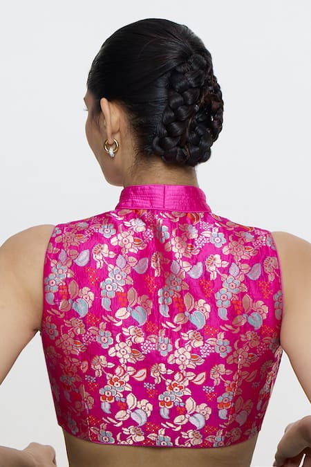 Shop Ekaya Banaras Fuchsia Silk Zari V-neck, Mandarin Collar Handwoven Roseate Blouse at Aza Fashions Shop_Ekaya Banaras_Fuchsia Silk Zari V-neck, Mandarin Collar Handwoven Roseate Blouse _at_Aza_Fashions