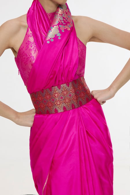 Buy_Ekaya Banaras_Fuchsia Satin Zari Handwoven Kadhwa Banarasi Saree _Online_at_Aza_Fashions