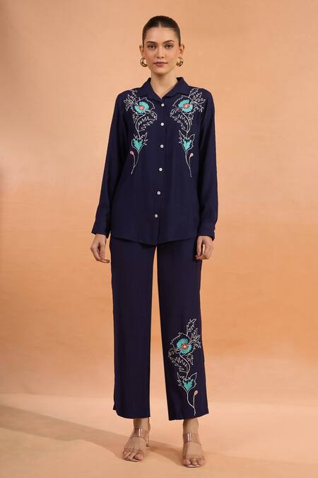 Naintara Bajaj Navy Silk Embroidery Collared Kurta And Pant Set Online at Aza Fashions Naintara Bajaj_Navy Silk Embroidery Collared Kurta And Pant Set _Online_at_Aza_Fashions