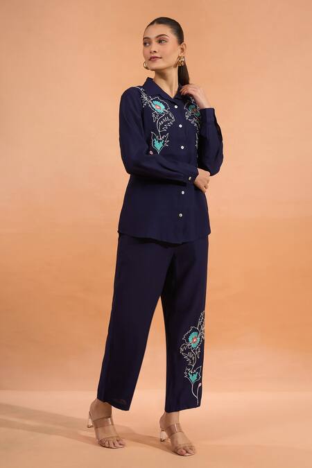 Buy Naintara Bajaj Navy Silk Embroidery Collared Kurta And Pant Set Online at Aza Fashions Buy_Naintara Bajaj_Navy Silk Embroidery Collared Kurta And Pant Set _Online_at_Aza_Fashions