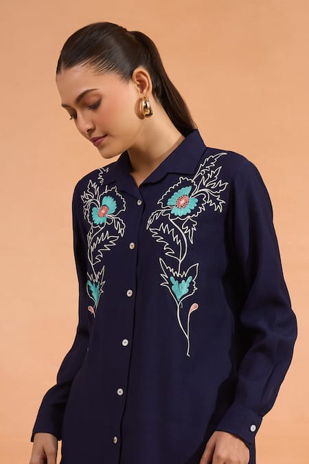Shop Naintara Bajaj Navy Silk Embroidery Collared Kurta And Pant Set Online at Aza Fashions Shop_Naintara Bajaj_Navy Silk Embroidery Collared Kurta And Pant Set _Online_at_Aza_Fashions