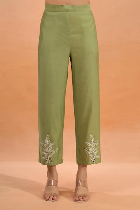 Naintara Bajaj Green Silk Embroidery Collared, V-neck Kurta And Pant Set at Aza Fashions Naintara Bajaj_Green Silk Embroidery Collared, V-neck Kurta And Pant Set _at_Aza_Fashions