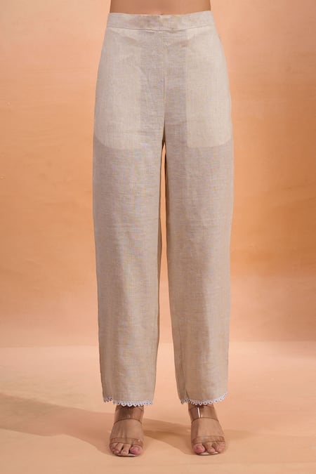 Naintara Bajaj Beige Linen Embroidery, Lace V-neck Kurta And Pant Set at Aza Fashions Naintara Bajaj_Beige Linen Embroidery, Lace V-neck Kurta And Pant Set _at_Aza_Fashions