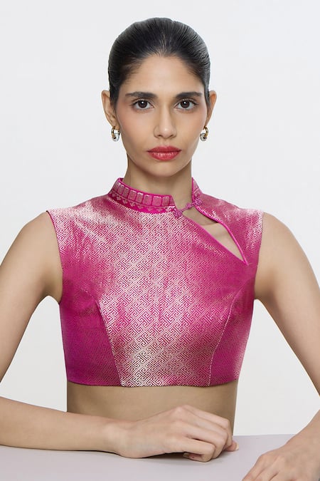Ekaya Banaras Handwoven Hot Pink Satin Blouse 