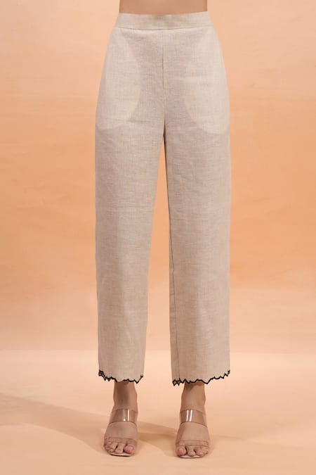 Naintara Bajaj_Beige Linen Embroidery V-neck Kurta And Pant Set _at_Aza_Fashions