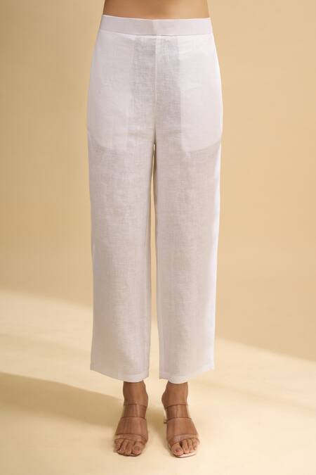 Buy_Naintara Bajaj_Off White Linen Embroidery Split V-neck Kurta And Pant Set 