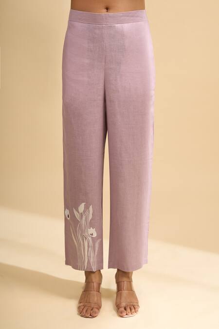 Naintara Bajaj_Pink Linen Embroidery, Lace V-neck Kurta And Pant Set _at_Aza_Fashions