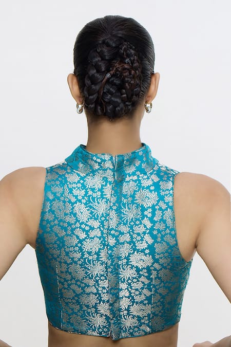 Shop Ekaya Banaras Blue Satin Zari, Embroidery Mandarin Collar, Square Handwoven Coral Blouse at Aza Fashions Shop_Ekaya Banaras_Blue Satin Zari, Embroidery Mandarin Collar, Square Handwoven Coral Blouse _at_Aza_Fashions