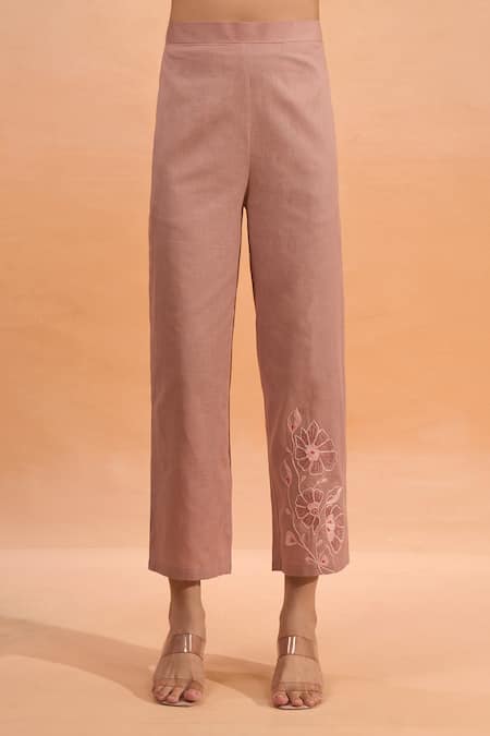 Naintara Bajaj_Pink Cotton, Linen Embroidery Collared, Button-down Neck Kurta And Pant Set _at_Aza_Fashions
