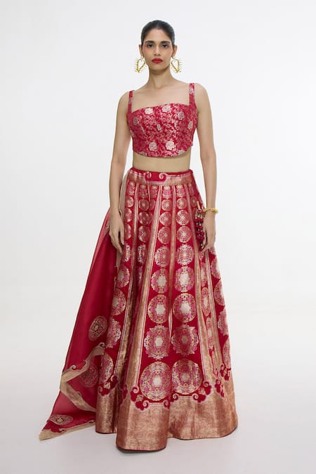 Buy_Ekaya Banaras_Red Satin, Silk, Organza Zari, Embroidery Square Floral Handwoven Lehenga Set _Online_at_Aza_Fashions