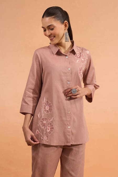 Buy_Naintara Bajaj_Pink Cotton, Linen Embroidery Collared, Button-down Neck Kurta And Pant Set 